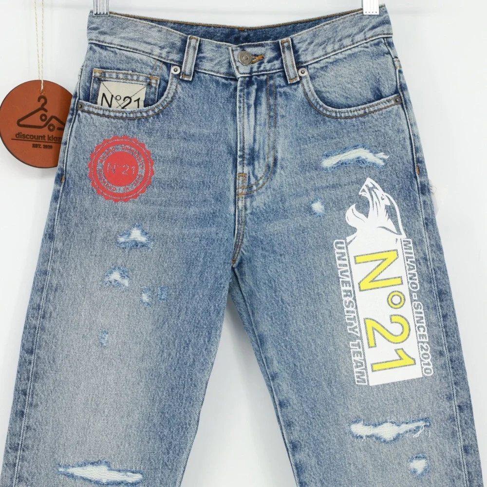 N21 Kids Distressed Graphic Denim Jeans Blue Light Wash N21544 Size 10Y Designer